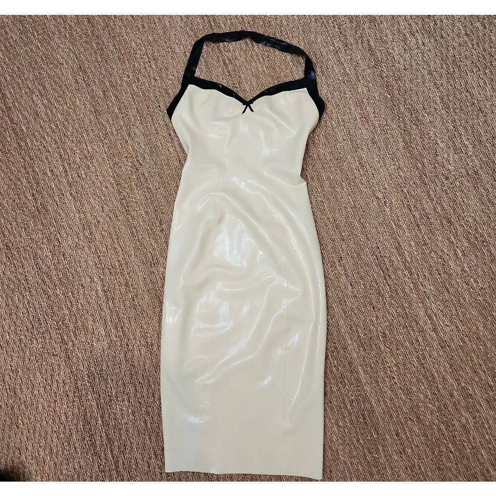 Latex Cream Midi Dress with Black Halter With Trim Size S